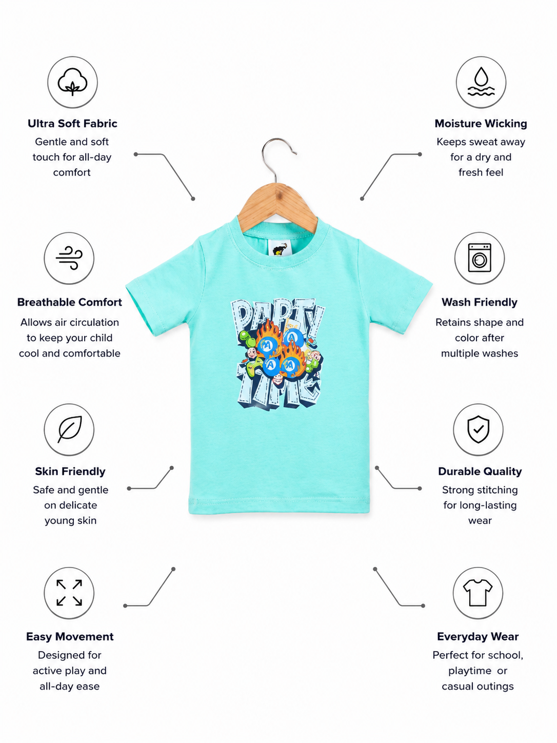 WAYNE Bamboo Graphic T-Shirt | Party Time Print Boys Tee | Soft Breathable Kids wear India