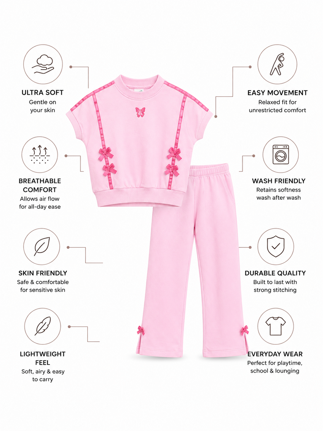 EMMA Bamboo Co-ord Set | Bow Detail Girls Outfit | Soft Breathable Flare Pants Set India