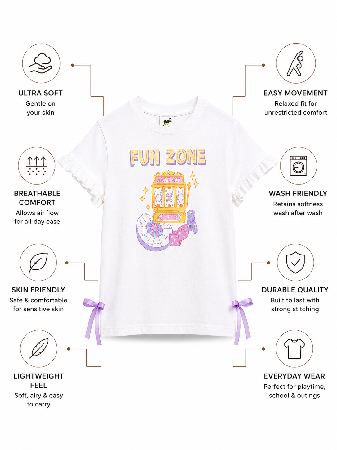 ELIZA Bamboo Graphic T-Shirt | Fun Zone Print Girls Tee with Bow Detail | Soft Breathable Kids wear India