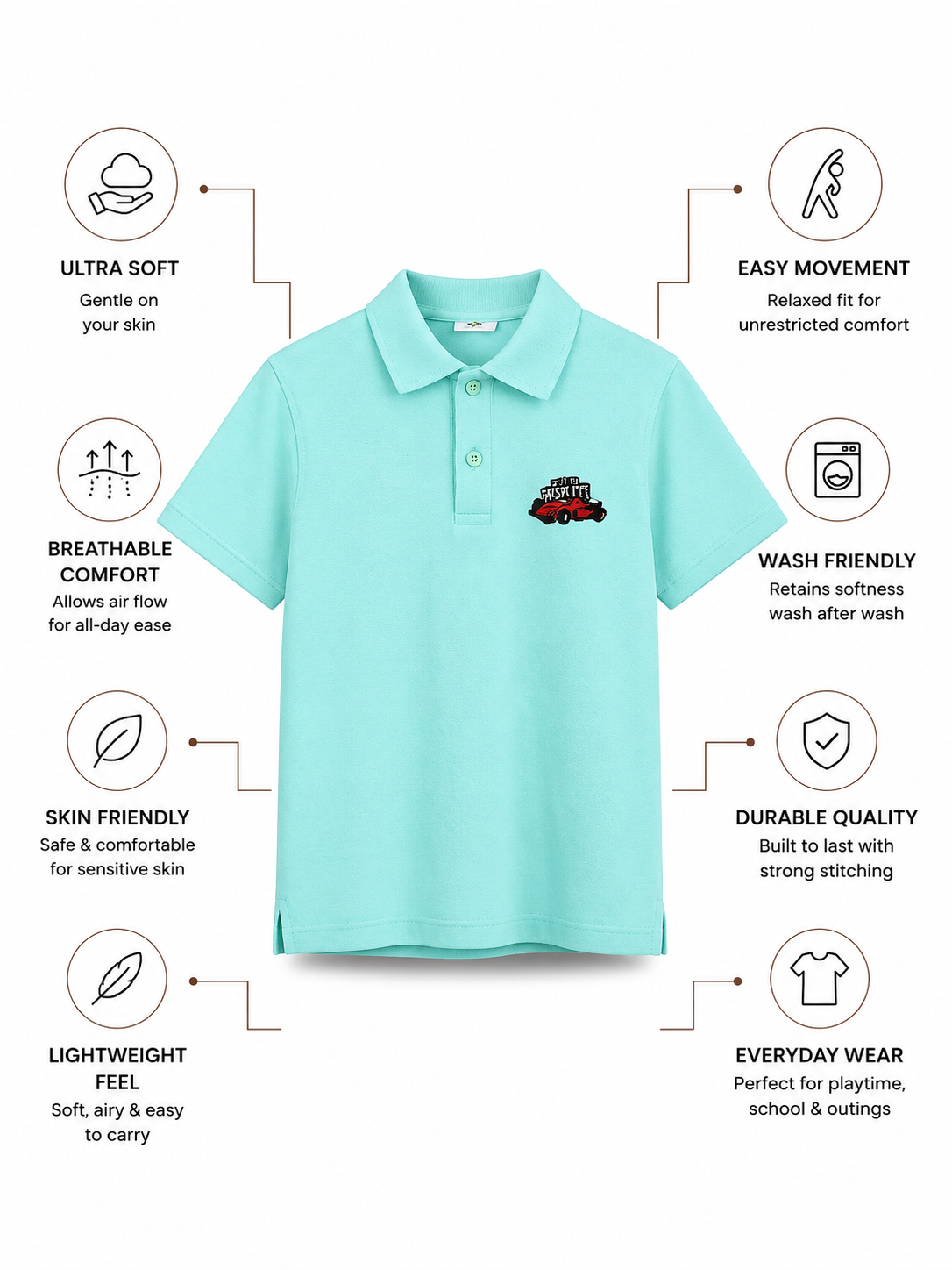 JORDON Bamboo Polo T-Shirt | Race Car Detail Boys Polo Tee | Soft Breathable Kids wear India