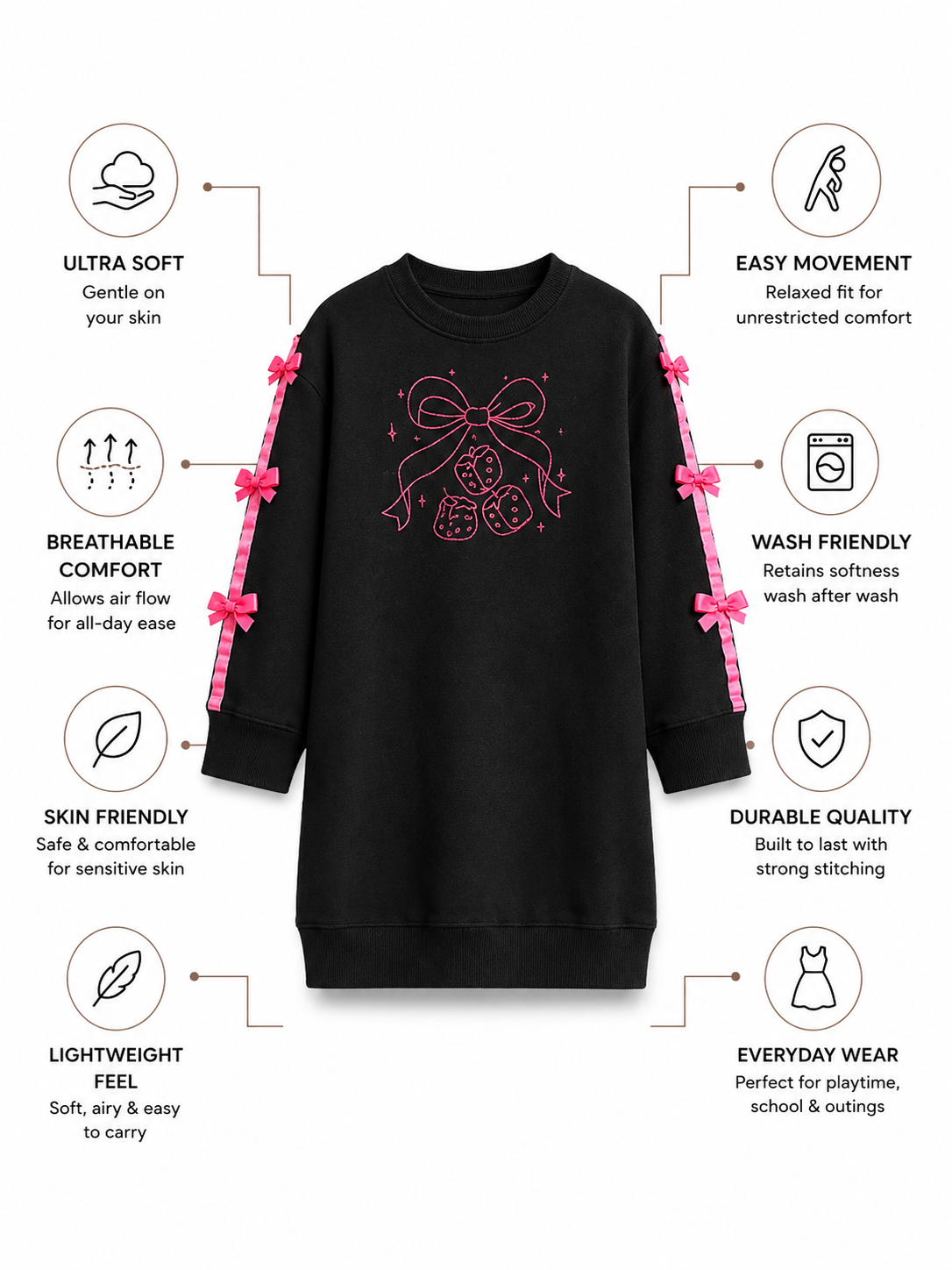 MABLE Bamboo Sweatshirt Dress | Bow Detail Girls Oversized Dress | Soft Breathable Kids wear India