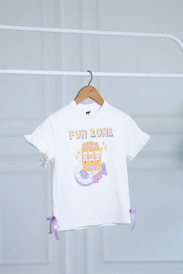 ELIZA Bamboo Graphic T-Shirt | Fun Zone Print Girls Tee with Bow Detail | Soft Breathable Kids wear India