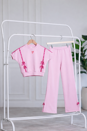 EMMA Bamboo Co-ord Set | Bow Detail Girls Outfit | Soft Breathable Flare Pants Set India